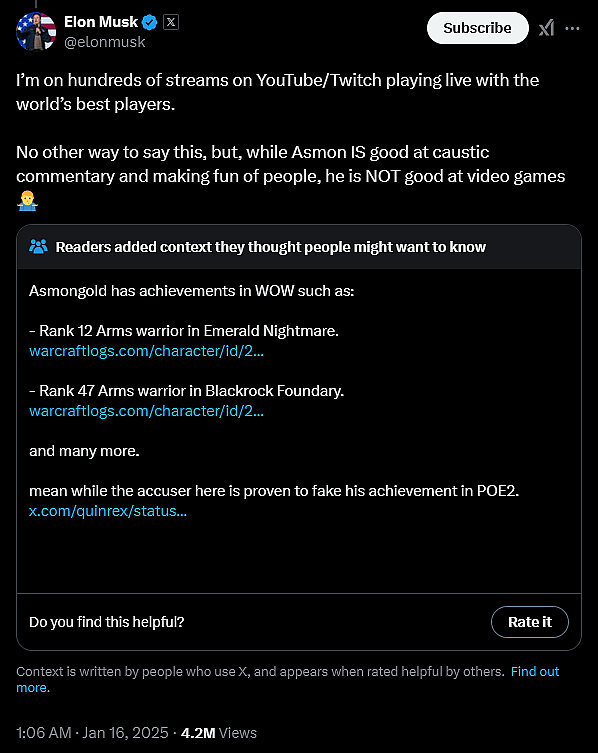 Elon Musk crashes out over Asmongold's challenge to prove his 'Path of Exile 2' skills.