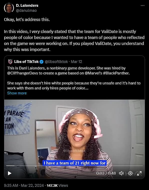 Dani LaLonders responds after video resurfaced claiming she hired "no white people" for dating sim