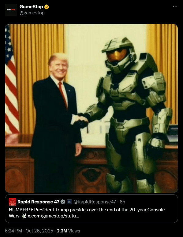 The Trump Admin and GameStop celebrate the end of the Console Wars with AI-generated images of Donald Trump and Master Chief.