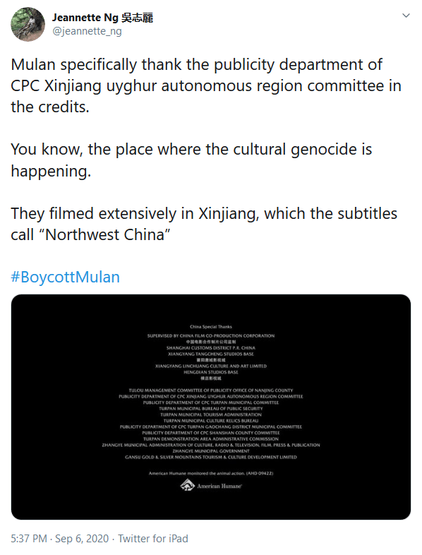 Chinese Communist Party Publicity Department Operating in Uyghur Autonomous Region Receives “Special Thanks” In Disney’s Mulan Remake