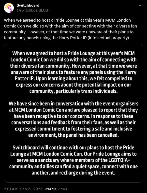 Switchboard has a row over MCM London's decision to host a Harry Potter and The Cursed Child production panel.