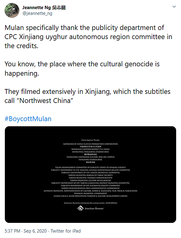 Chinese Communist Party Publicity Department Operating in Uyghur Autonomous Region Receives “Special Thanks” In Disney’s Mulan Remake