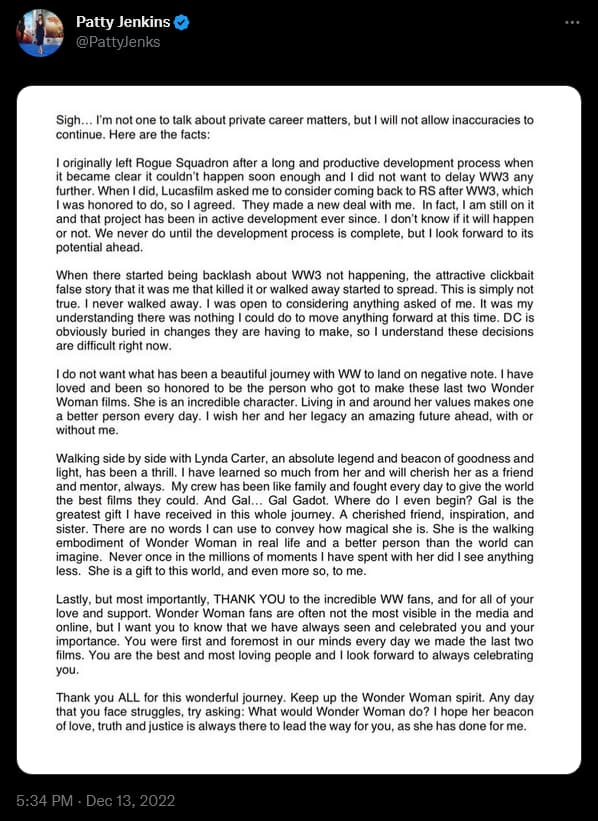 Patty Jenkins responds to recent headlines via Twitter