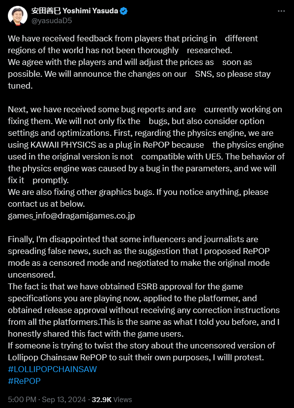 'Lollipop Chainsaw RePOP' director Yoshimi Yasuda debunks the accusation that the game was released with intentional censorship.