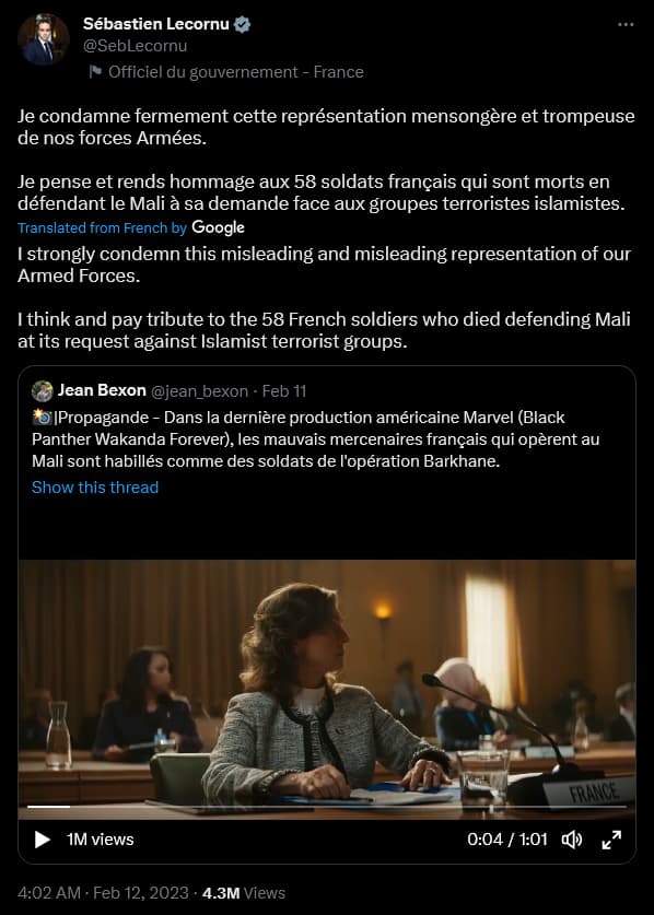 Sébastien Lecornu condemns Black Panther: Wakanda Forever