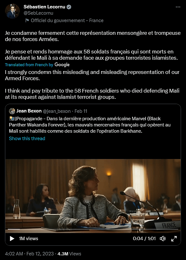 Sébastien Lecornu condemns Black Panther: Wakanda Forever