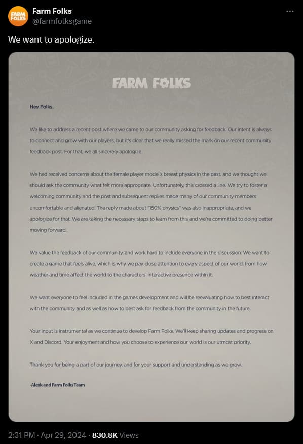 Farm Folks apologizes for making a joke about their in-game 'jiggle physics'.