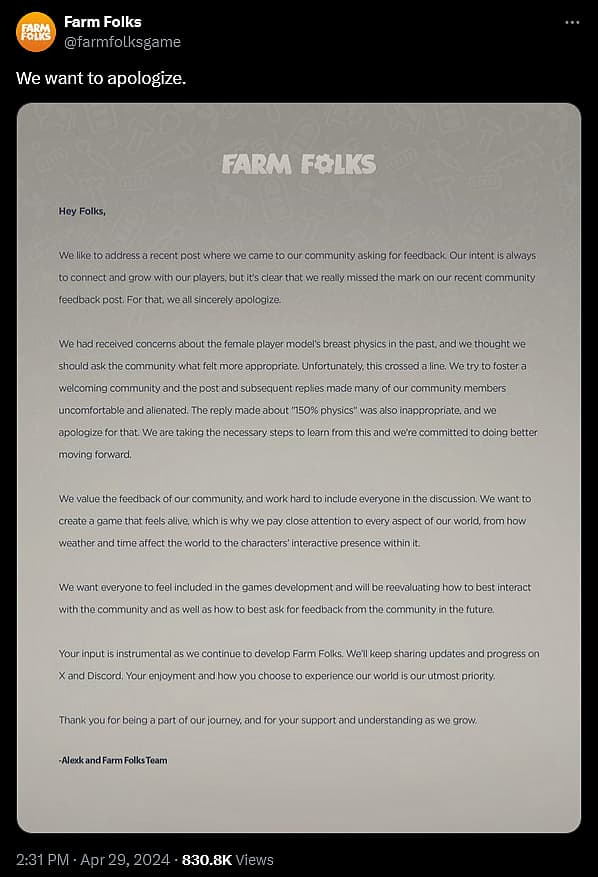 Farm Folks apologizes for making a joke about their in-game 'jiggle physics'.