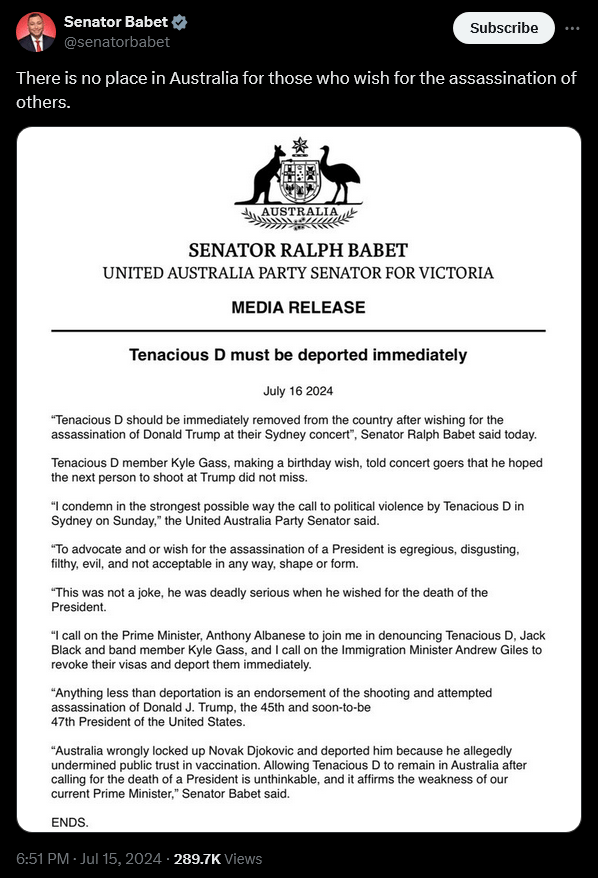 Australian Senator Ralph Babet calls for the immediate deportation of Tenacious D following band member Kyle Gass' comments regarding the attempted assassination of Donald Trump.