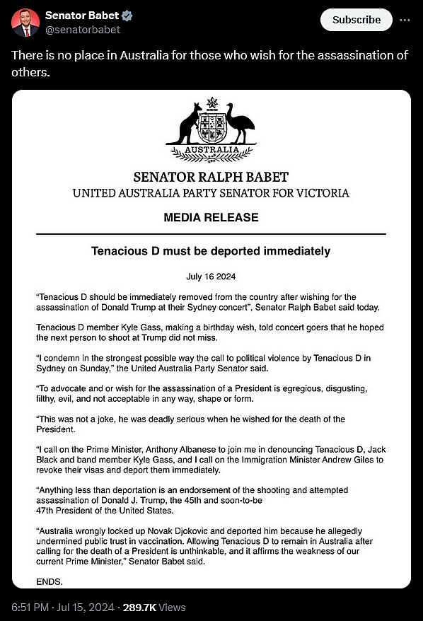 Australian Senator Ralph Babet calls for the immediate deportation of Tenacious D following band member Kyle Gass' comments regarding the attempted assassination of Donald Trump.