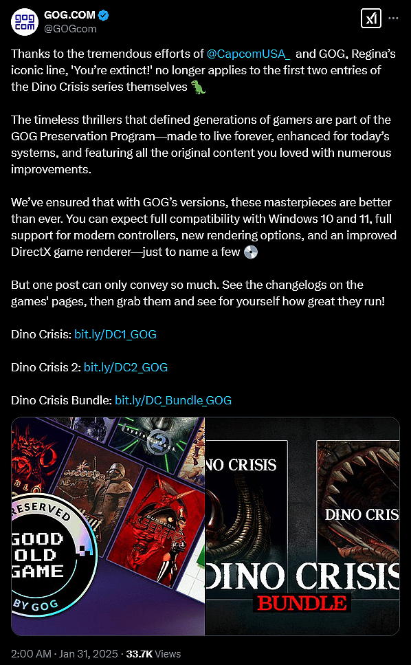 GOG and Capcom announce Dino Crisis and Dino Crisis 2 added to GOG Preservation Program