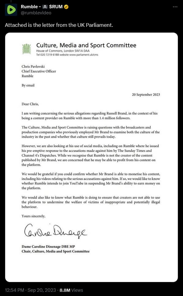 Rumble responds to the UK Parliament's request to demonetize Russell Brand.