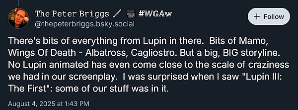 'Hellboy' screenwriter Peter Briggs reveals he was once tapped to pen a live-action 'Lupin III' film starring Jim Carrey.