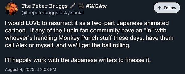 'Hellboy' screenwriter Peter Briggs reveals he was once tapped to pen a live-action 'Lupin III' film starring Jim Carrey.