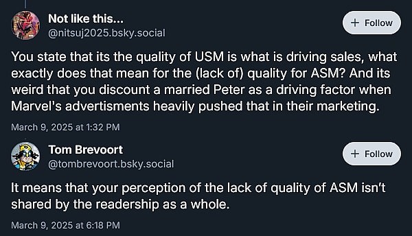Marvel Comics Exec Editor Tom Brevoort pushes back against fans who want to see Spider-Man and Mary-Jane get back together.