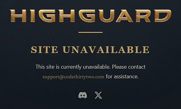 The current 'site unavailable' message that greets visitors to the official website for Highguard (2026), Wildlight Entertainment