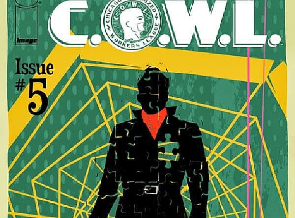 C.O.W.L. Issue 5 comic book cover featuring silhouetted figure in geometric wireframe design
