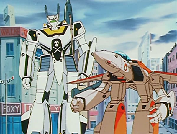 Roy Focker (Akira Kamiya) leaves the Valkyrie to Hikaru Ichijyo (Arihiro Hase) in Super Dimension Fortress Macross Episode 2 "Countdown" (1982), Big West Co. Ltd