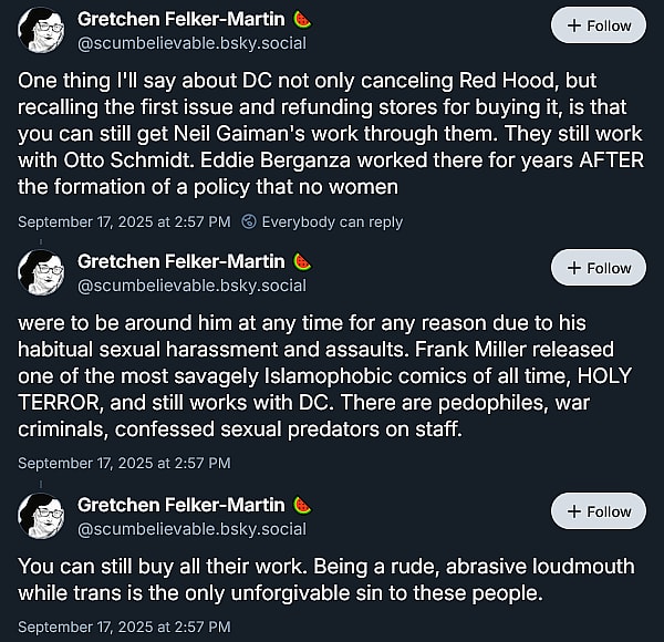 DC's 'Red Hood' Vol. 1 writer Gretchen Felker-Martin calls out DC's editorial double-standards.