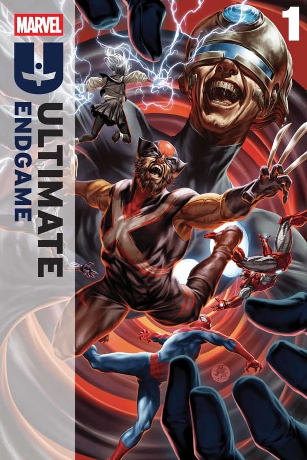 Black Panther, Iron Lad, Spider-Man, Maystorm, and the Winter Soldier find themselves caught between the Maker's plans on Mark Brooks' cover to Ultimate Endgame Vol. 1 #1 (2024), Marvel Comics