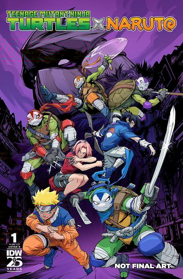 The Turtles and Team 7 are ready for a fight on Hendry Prasetya's cover to Teenage Mutant Ninja Turtles x Naruto (2024), IDW