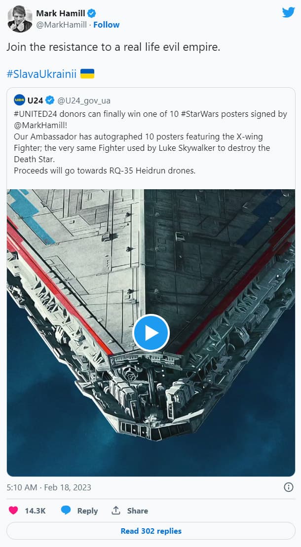Mark Hamill promotes a Star Wars-themed fundraiser for Ukraine on his Twitter feed