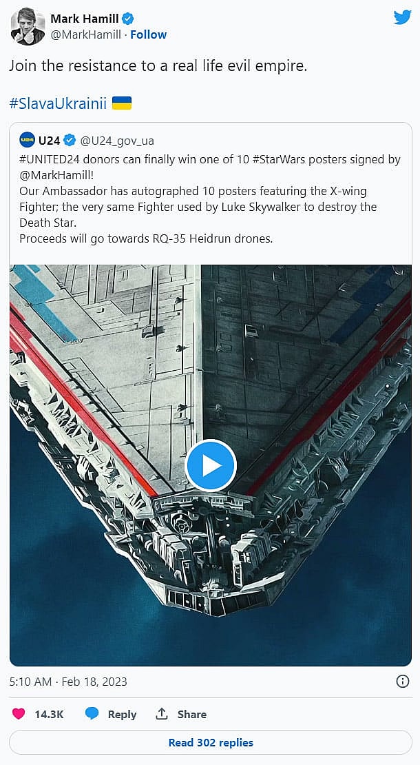 Mark Hamill promotes a Star Wars-themed fundraiser for Ukraine on his Twitter feed