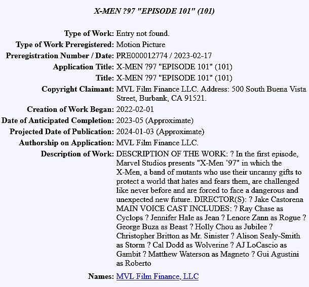 U.S. Copyright Office filing for the first episode of Marvel's 'X-Men '97'