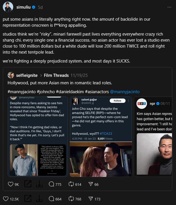 'Shang-Chi' and 'Avengers: Doomsday' star Simu Liu rages against Hollywood for its supposed "backslide" on Asian representation.