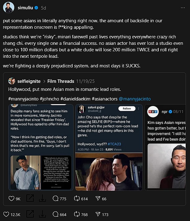 'Shang-Chi' and 'Avengers: Doomsday' star Simu Liu rages against Hollywood for its supposed "backslide" on Asian representation.