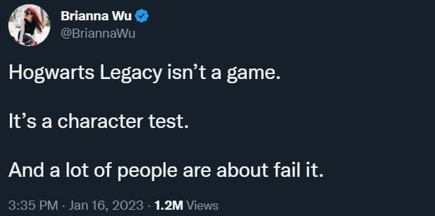 Archive Link Brianna Wu insists Hogwarts Legacy is a "character test" for those who support it via Twitter