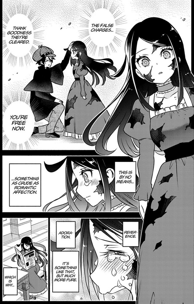 Elio Evelyn declares her pure love for Syd Craft in  Syd Craft: Final Reasoning Chapter 2 "The Great Detective & Secret Romance" (2024), Shueisha. Words and Art by Taishi Tsutsui.