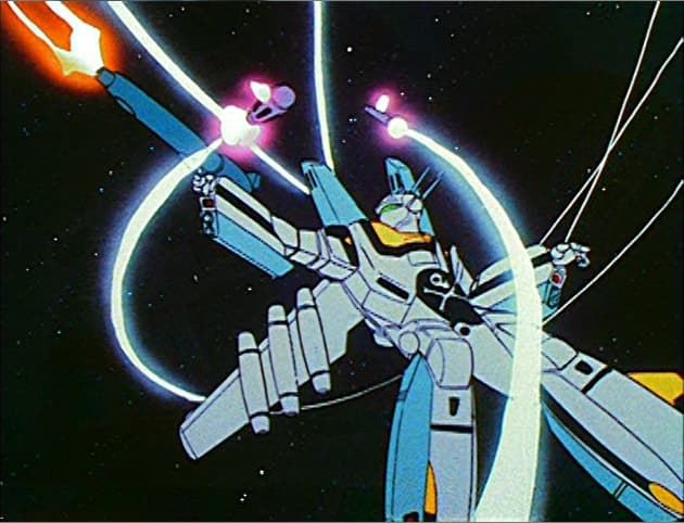 Roy Focker (Akira Kamiya) throws himself into the heat of battle in Super Dimension Fortress Macross Episode 27 "Force of Arms" (1985), Big West Co. Ltd