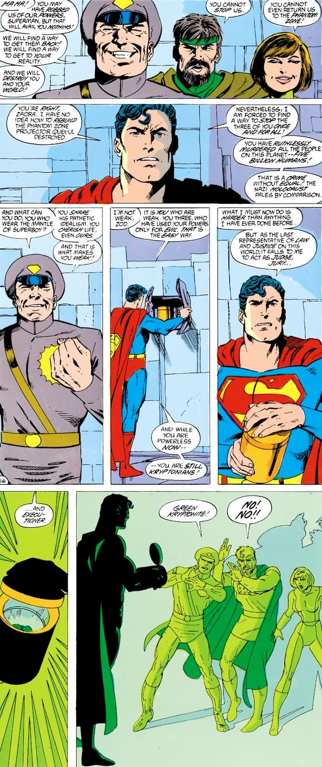 The Man of Steel puts a permanent end to Genearl Zod, Quex-Ul, and Zaora in Superman Vol. 2 #22 "The Price" (1988), DC. Words by John Byrne, art by John Byrne, Petra Scotese, and John Costanza.