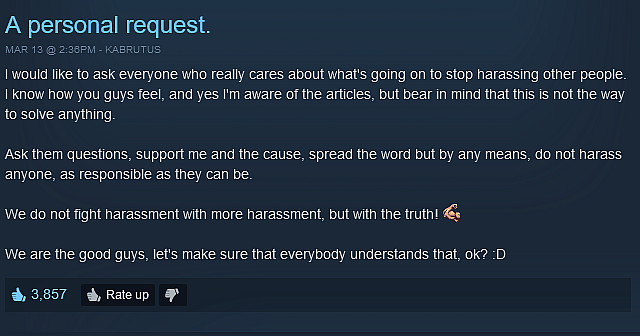 Kabrutus, administrator of 'Sweet Baby Inc. Detected' Steam Curator list, asks followers to refrain