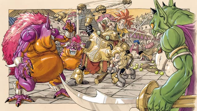 Chrono, Robo, and Ayla fight off a horde of Ogans in Akira Toriyama's key art for Chrono Trigger (1995), Square ('Final Fantasy')