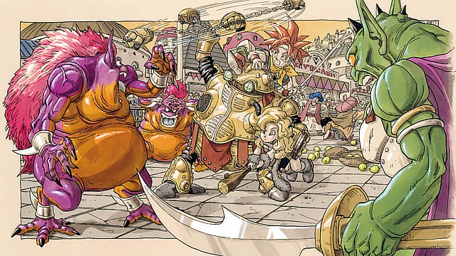 Chrono, Robo, and Ayla fight Ogans in Akira Toriyama's key art for Chrono Trigger (1995), Square