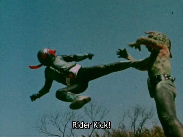 Rider-1 (Hiroshi Fujioka) unleashes the first instance of his signature move in Kamen Rider Episode 7 "Duel With Grim Reaper Chameleon! World Fair Impression" (1971), Toei
