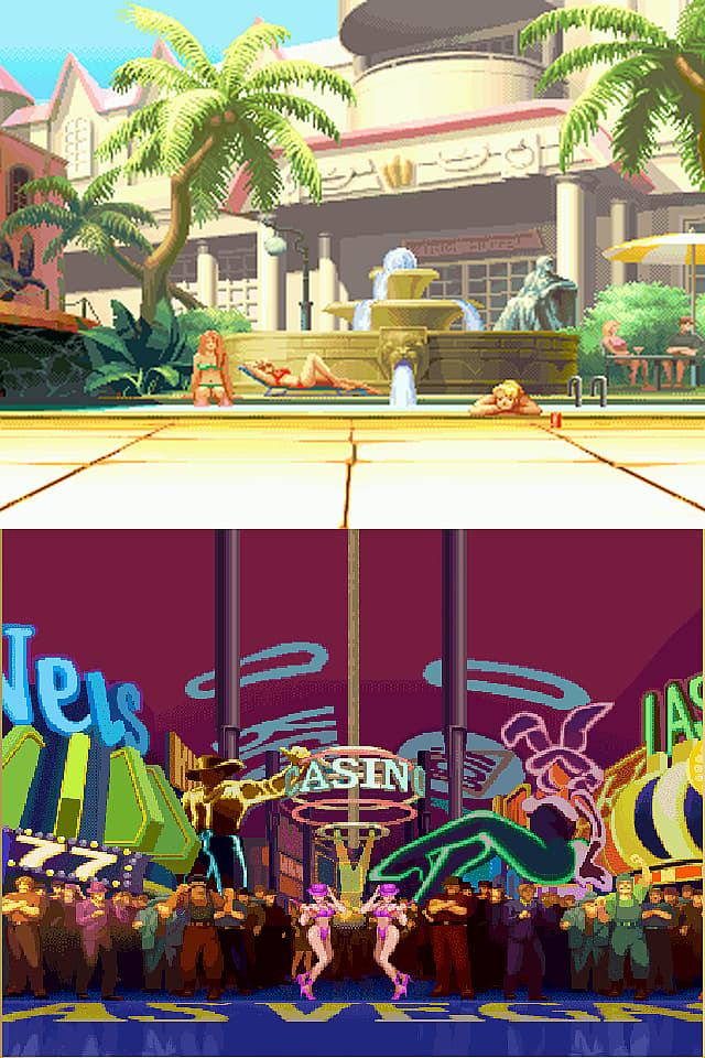 Ladies enjoy sun and dancers entertain crowds in Street Fighter Alpha 3 Upper (2001), Capcom