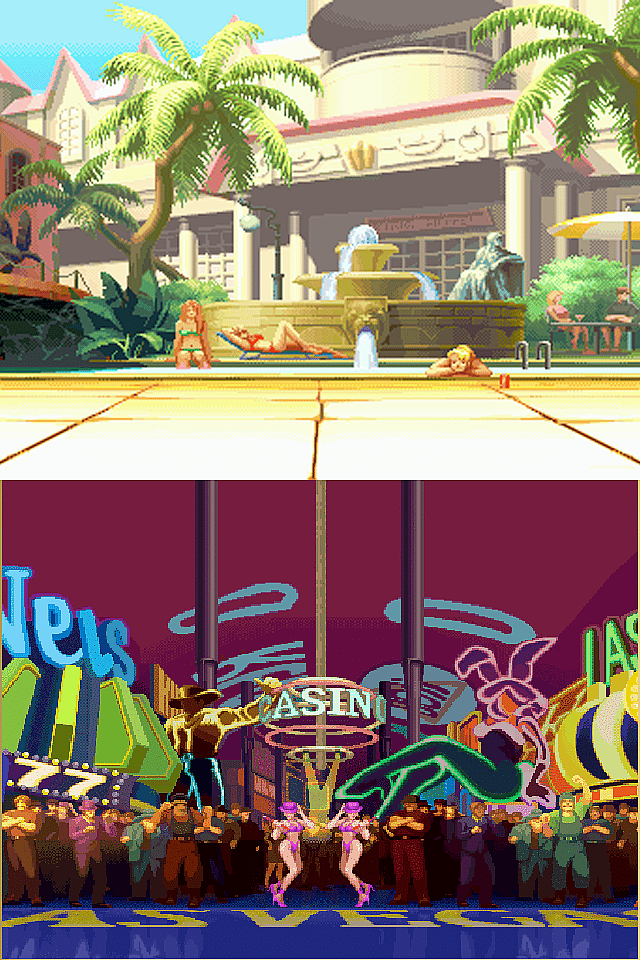 A trio of ladies catch some sun / a dancing duo entertains a crowd in Street Fighter Alpha 3 Upper (2001), Capcom