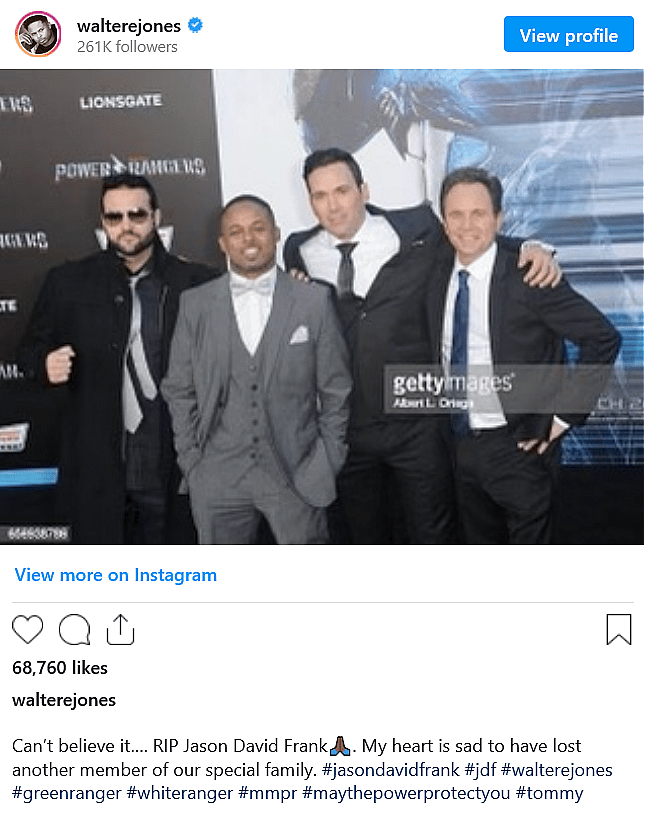 Walter Emanuel Jones reacts to the news of Jason David Frank's passing via Instagram