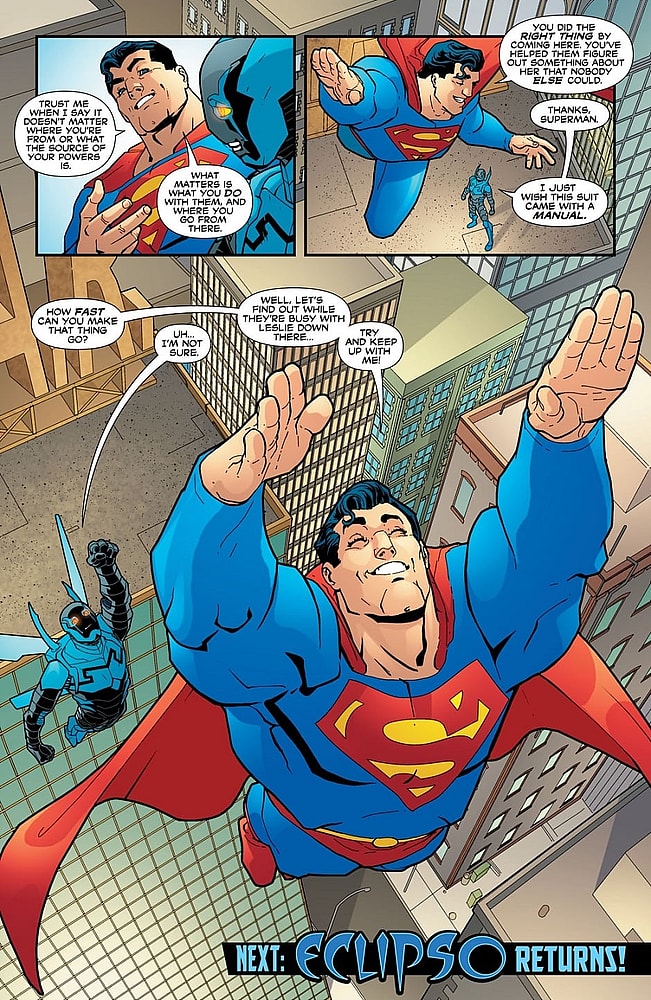 Superman has some advice for Jamie Reyes in Blue Beetle Vol. 7 #15 "Someone to Watch Over Me" (2007), DC. Words by J. Torres, art by Freddie E. Williams II, Guy Major, and Phil Balsman.