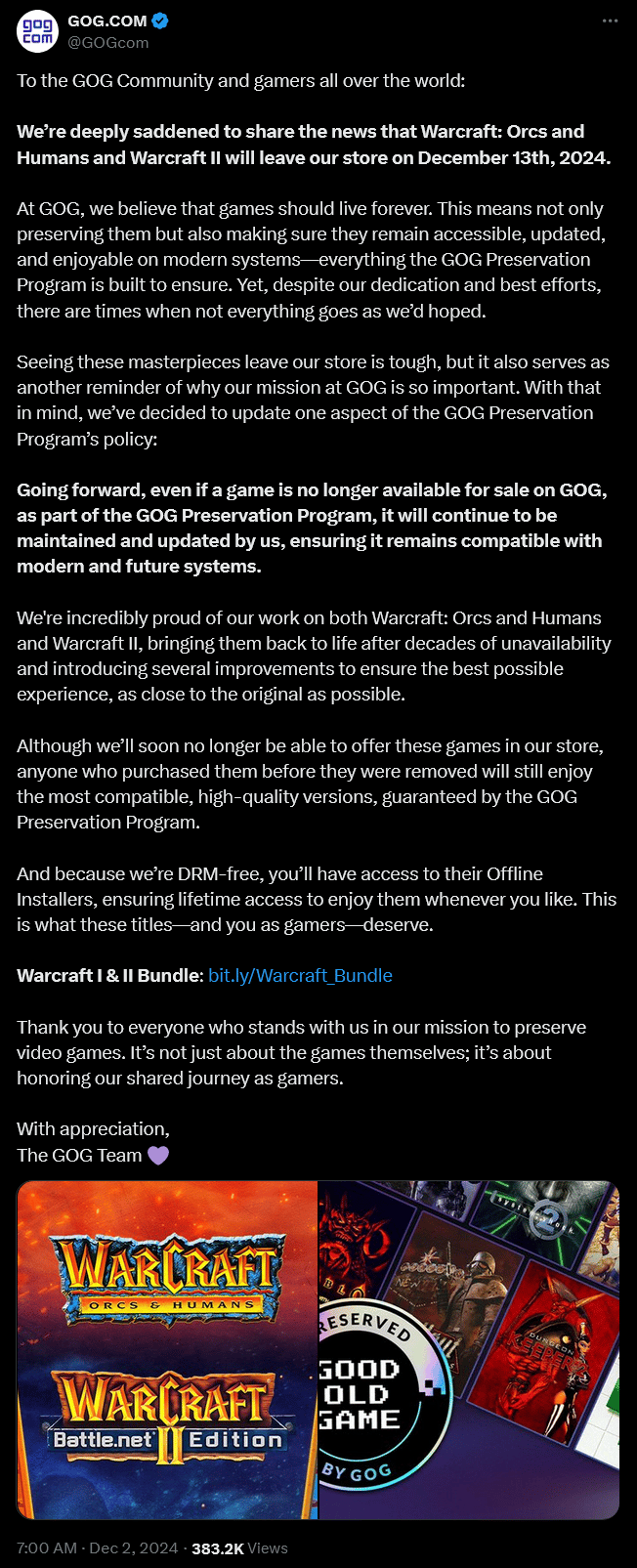 Good Old games announces their efforts to preserve 'Warcraft: Orcs and Humans' and 'Warcraft II'.