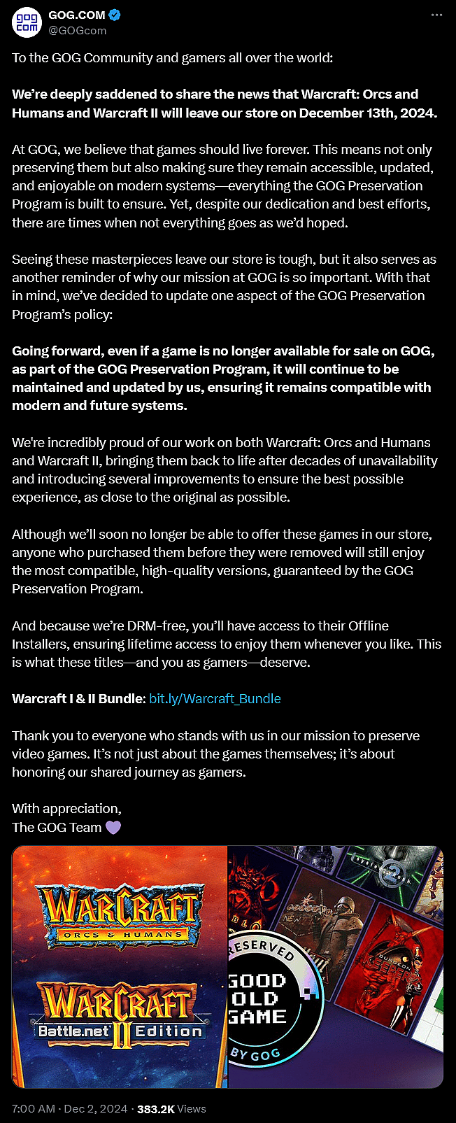 Good Old games announces their efforts to preserve 'Warcraft: Orcs and Humans' and 'Warcraft II'.