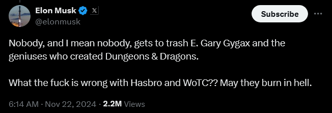 Elon Musk weighs in on the current quality of Dungeons & Dragons.