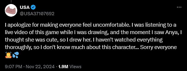 Artist USA apologizes for drawing 'sexualized' fan art of Anya from 'Mouthwashing'.