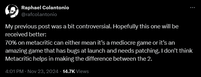 'Arkane Studios' founder Raphaël Colantonio weighs in on the discourse surrounding the video game industry and its obsession with review scores.