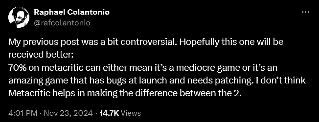 'Arkane Studios' founder Raphaël Colantonio weighs in on the discourse surrounding the video game industry and its obsession with review scores.