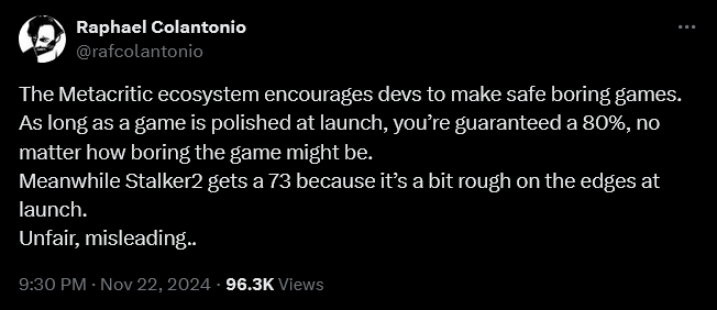'Arkane Studios' founder Raphaël Colantonio weighs in on the discourse surrounding the video game industry and its obsession with review scores.