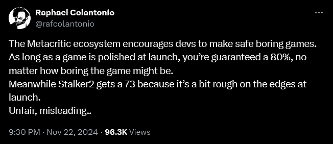 'Arkane Studios' founder Raphaël Colantonio weighs in on the discourse surrounding the video game industry and its obsession with review scores.